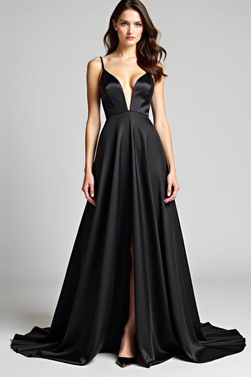 Spaghetti Straps A Line Satin Noir Cravate Avec Fente
